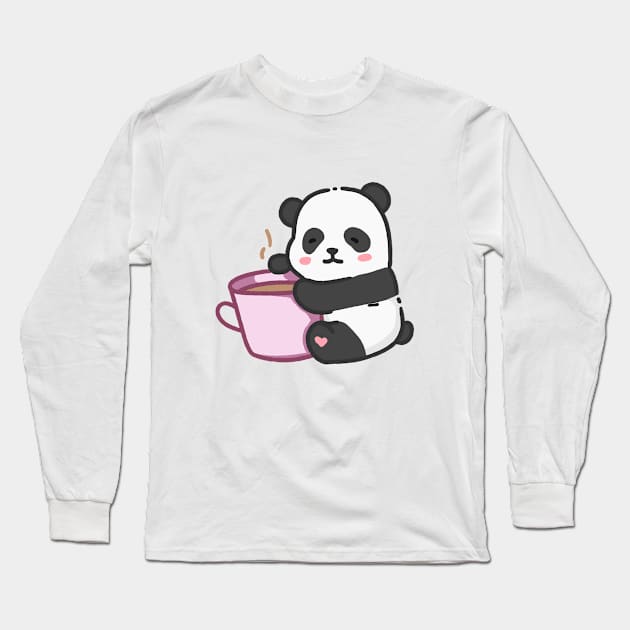 Panda bear hugging a cup of coffee Long Sleeve T-Shirt by Little Polart